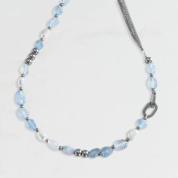 Freshwater pearl and aquamarine blue crystal stones necklace, silver color stainless steel beaded chain.