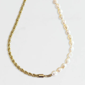 Mixed media half and half pearl and chain necklace. Half 18k gold textured thick chain, other half white fresh-water pearl.