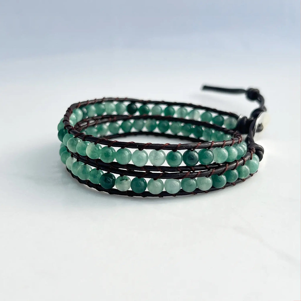 Jade multi-color natural stone and brown faux leather beaded BOHO bracelet. Wrap bracelet.