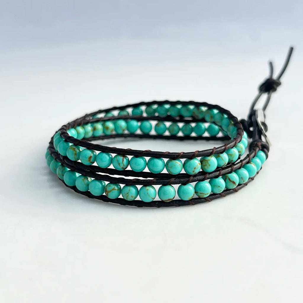 Turquoise natural stone and brown faux leather beaded BOHO bracelet. Wrap bracelet.