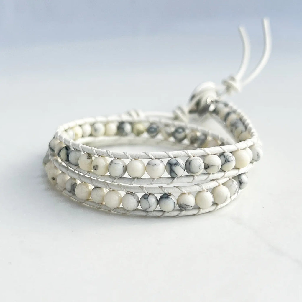 White marble natural stone and white faux leather beaded BOHO bracelet. Wrap bracelet.