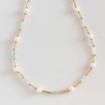 18k gold-plated beaded necklace, with spaced out freshwater pearl and aventurine accents.