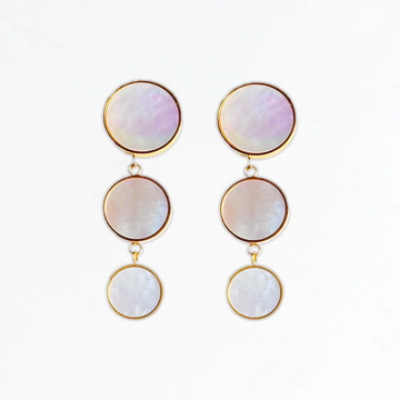 18k gold-plated rimmed earrings around natural shell pastel color drop circles. Three circle sections, each circle gets smaller as it drops down.
