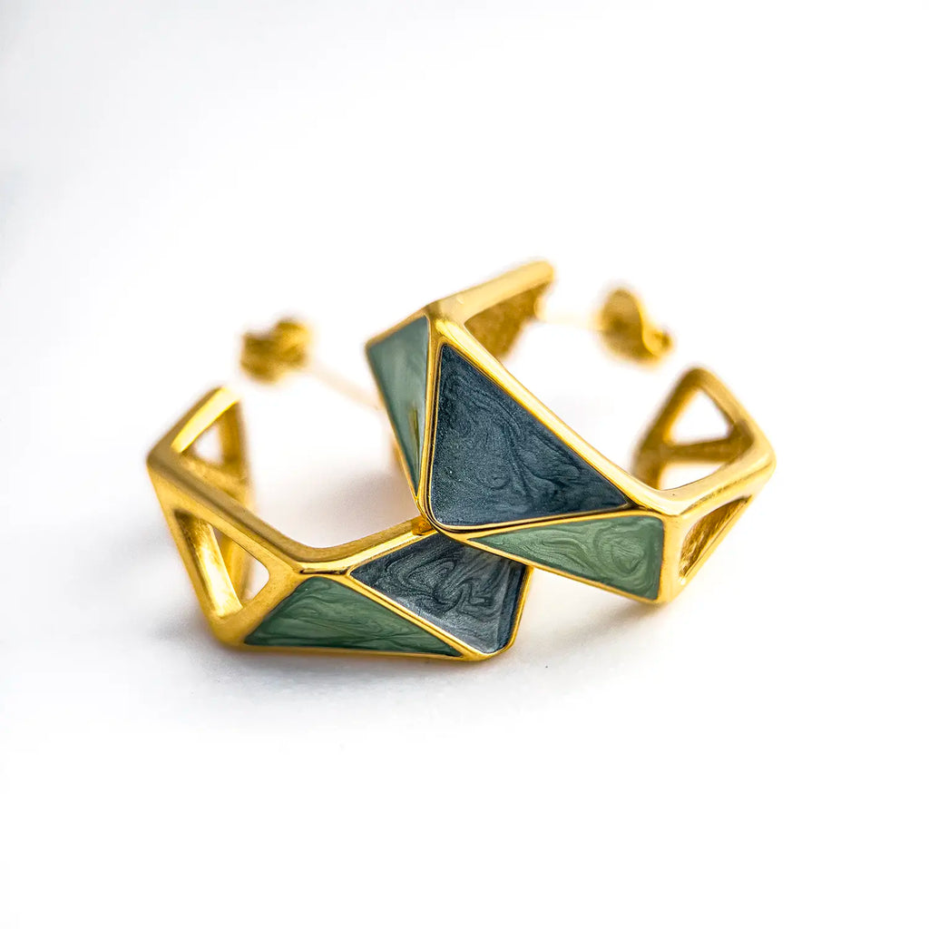 18k gold plated, geometric huggie earrings with blue/green enamel.