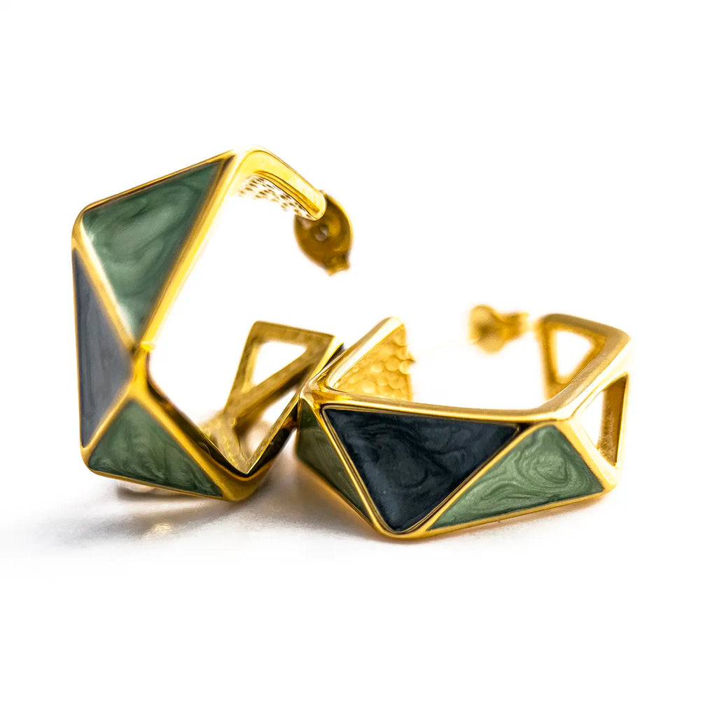 18k gold plated, geometric huggie earrings with blue/green enamel.