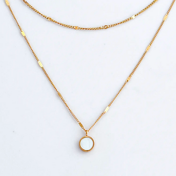 18k gold plated double layer chain necklace and circle shell pendant.