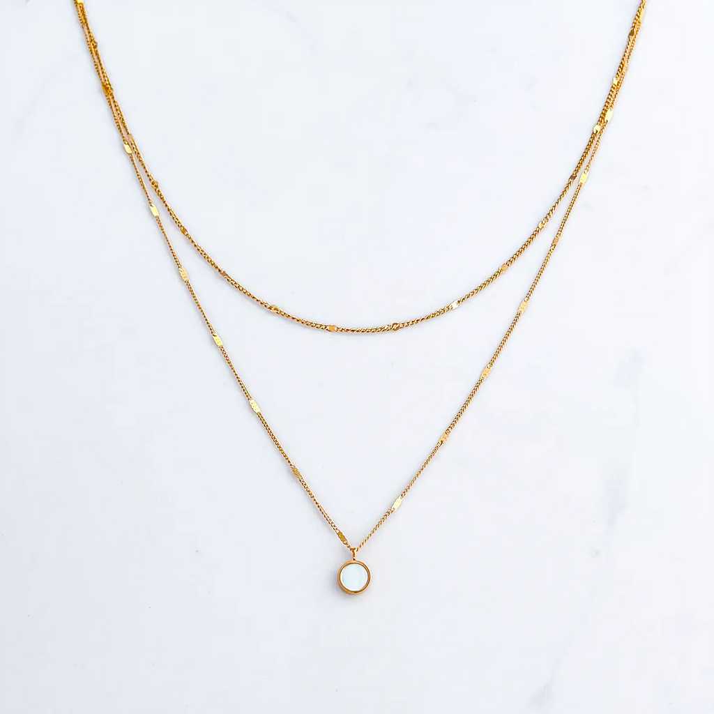 18k gold plated double layer chain necklace and circle shell pendant.