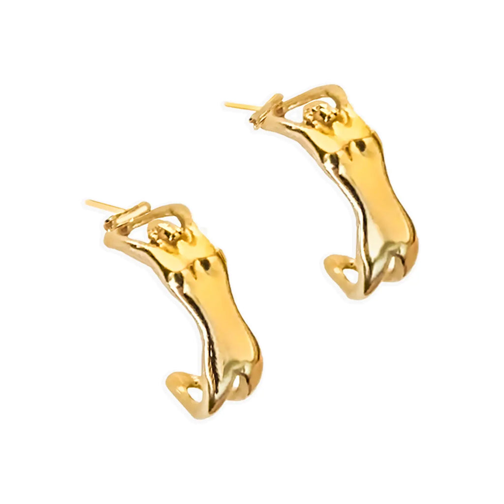 18k gold small hoop earrings shaped as person/girl arched back into a half-circle.