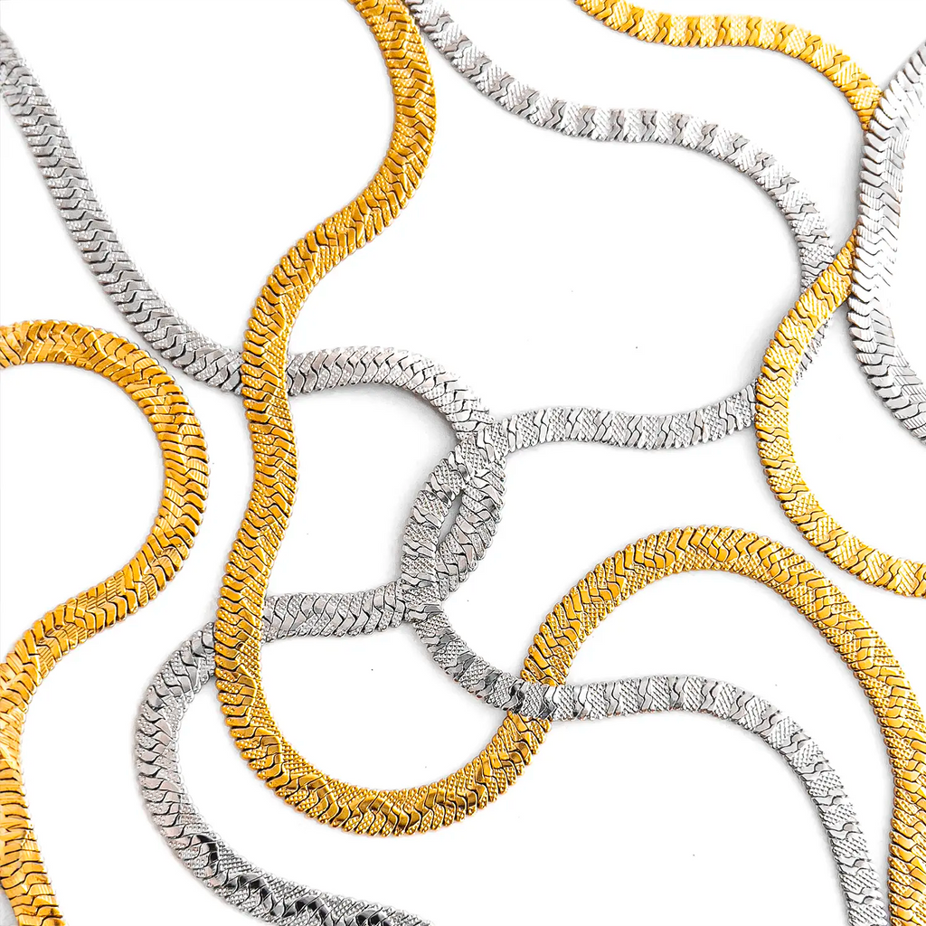 18k gold-plated and silver color stainless steel textured snake chain, laid down in a wiggly snake pattern. There are three different snake patterns shown.