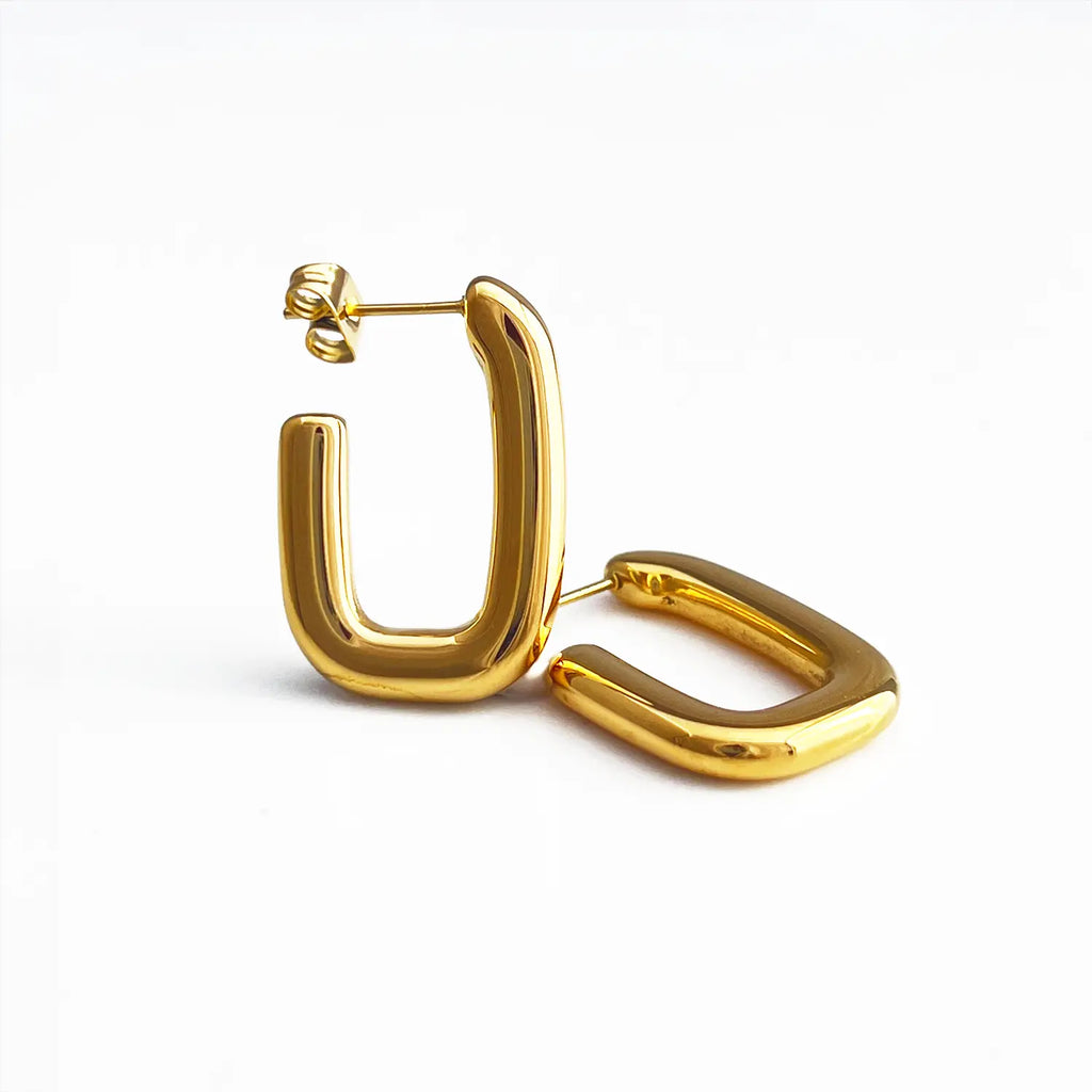18k gold plated "U" shaped rectangle hoop earrings.