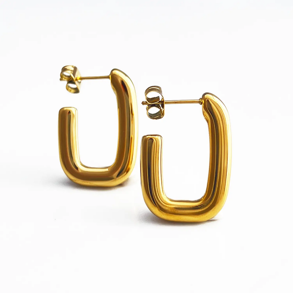 18k gold plated "U" shaped rectangle hoop earrings.