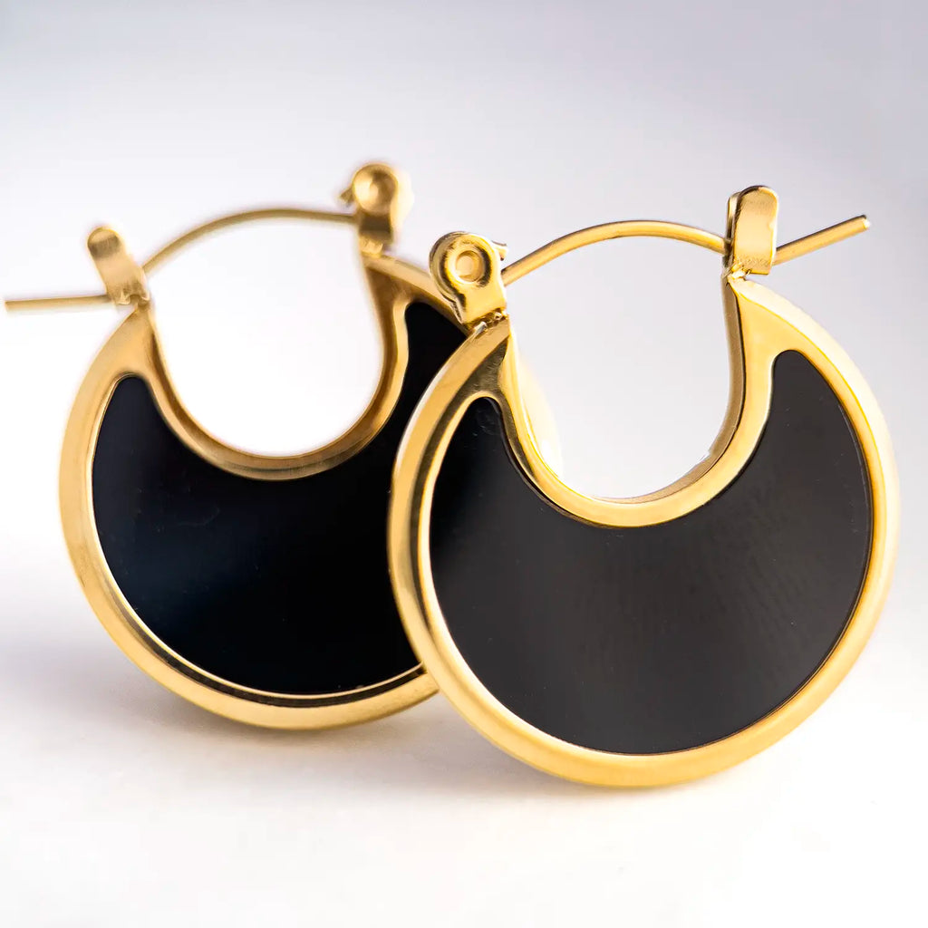 18k gold plated crescent moon earrings, the inside of the crescent moon is malachite and natural shell, color black with the gold plated rim