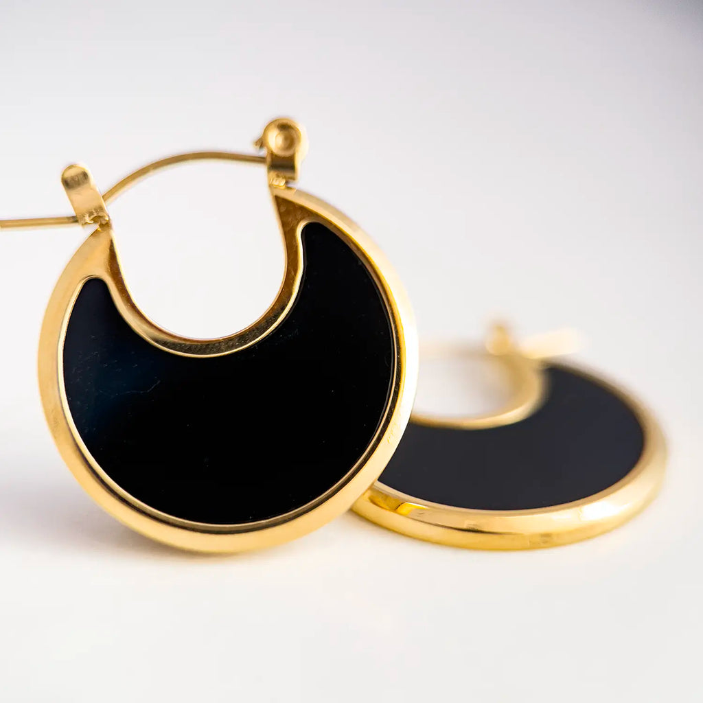 18k gold plated crescent moon earrings, the inside of the crescent moon is malachite and natural shell, color black with the gold plated rim