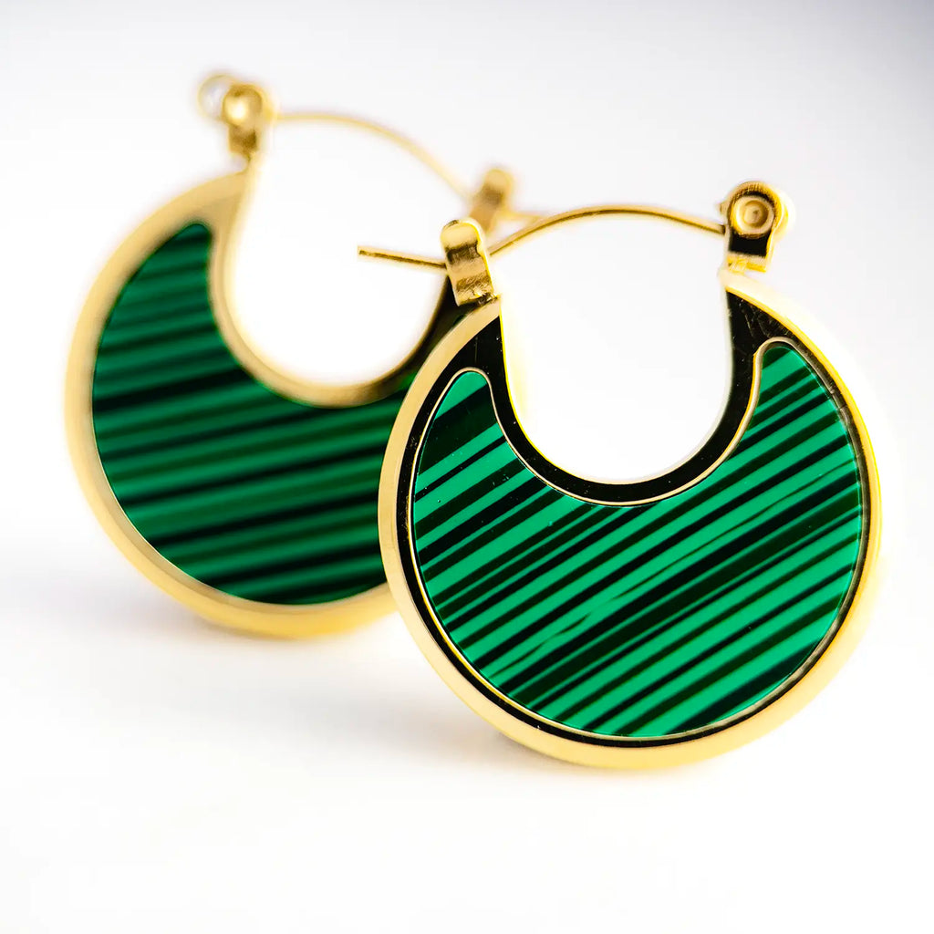 18k gold plated crescent moon earrings, the inside of the crescent moon is malachite and natural shell, color green and black thin stripes with the gold plated rim