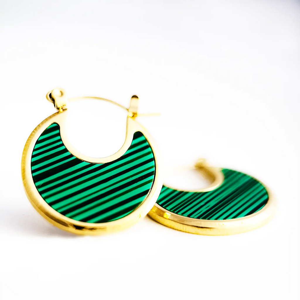 18k gold plated crescent moon earrings, the inside of the crescent moon is malachite and natural shell, color green and black thin stripes with the gold plated rim