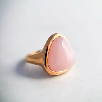 18k gold plated ring with large light pink natural rose quartz stone.