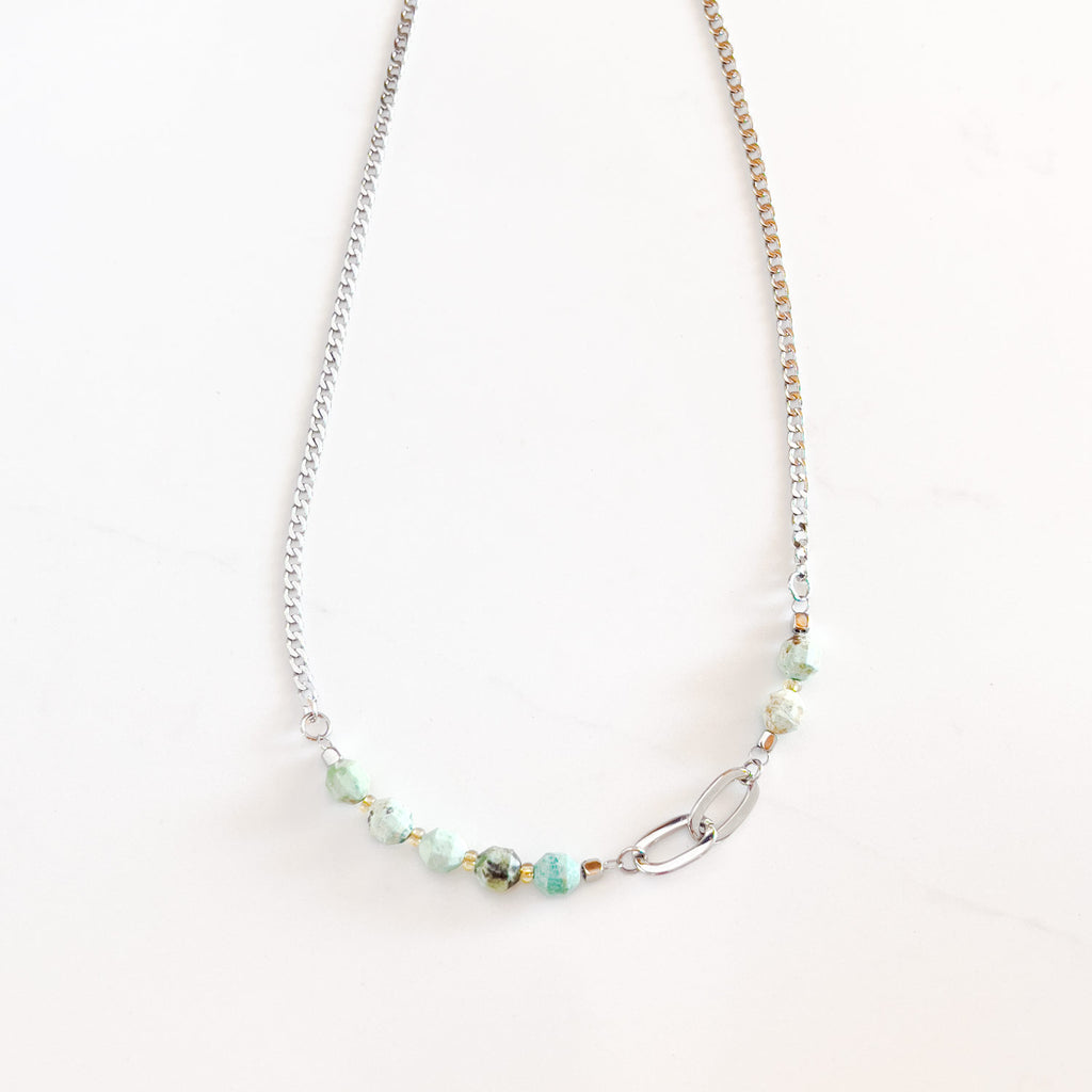 Silver color stainless steel chain and stone necklace with turquoise stone beads