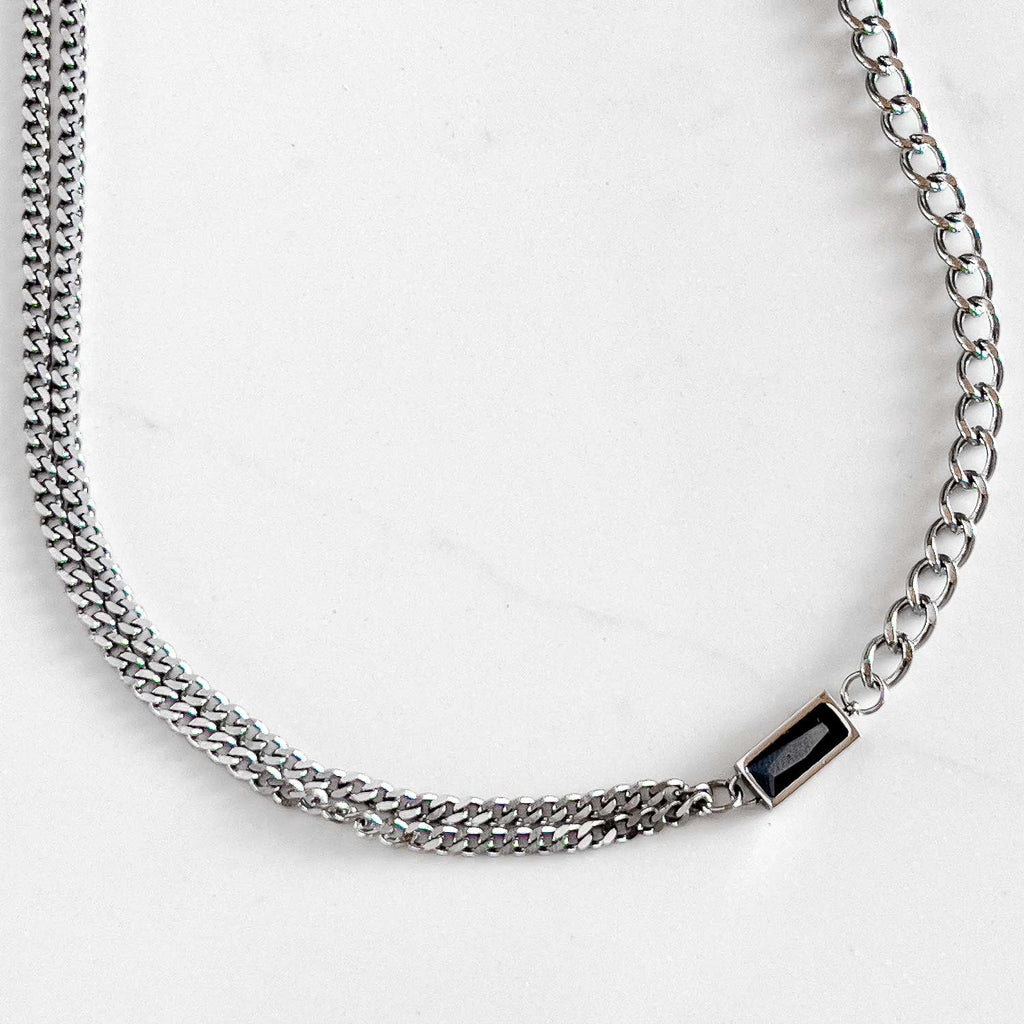 Silver color stainless steel chain necklace. Double chain two-texture/half and half chain with small black rectangular stone accent. 