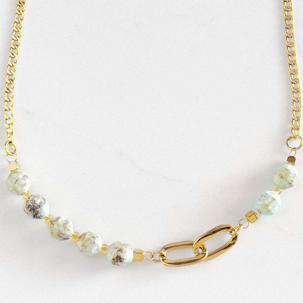 18k gold plated chain and stone necklace with light tuquoise stone beads.