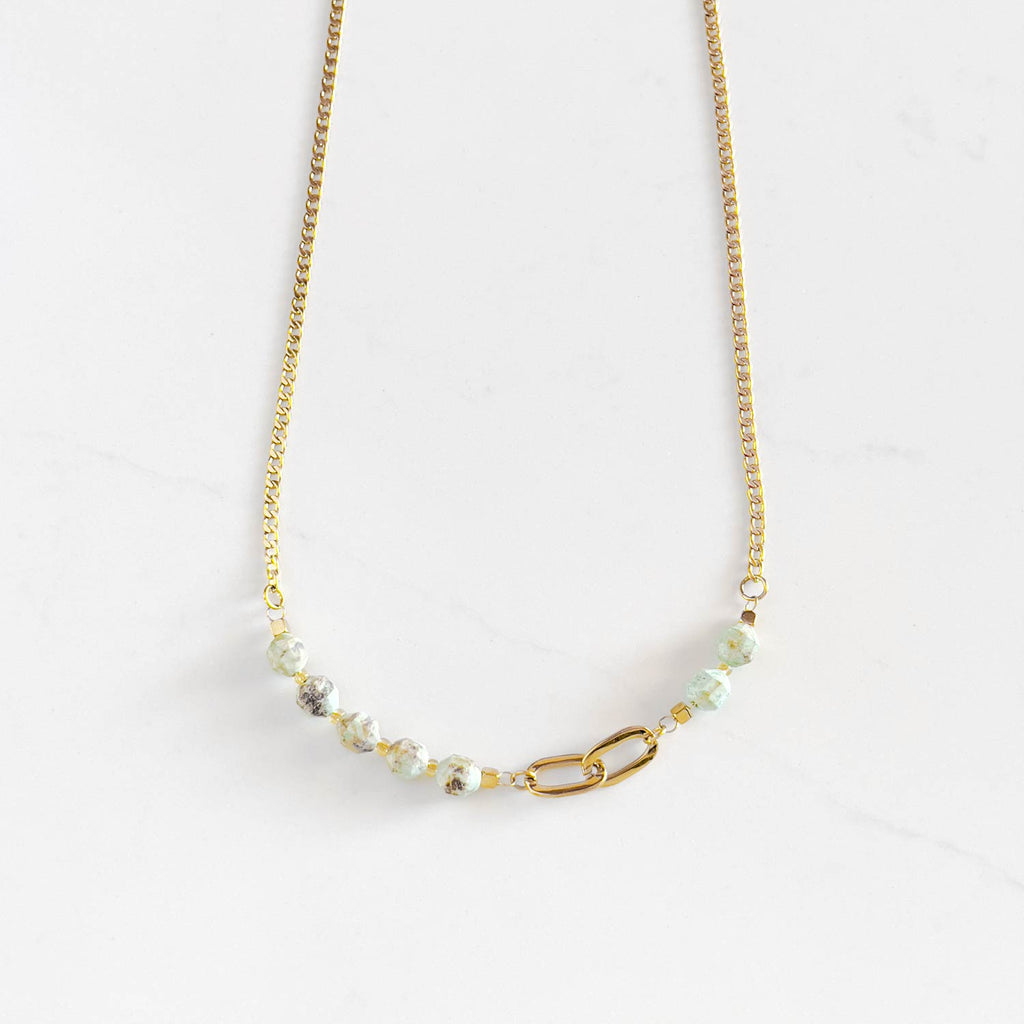 18k gold plated chain and stone necklace with turquoise stone beads.