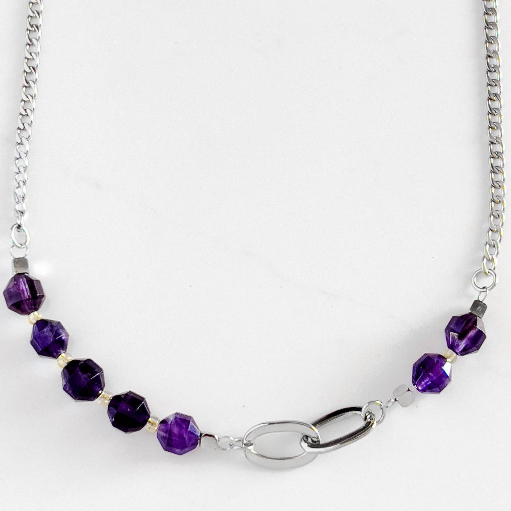 Silver color stainless steel bead and chain necklace with amethyst purple beads. 